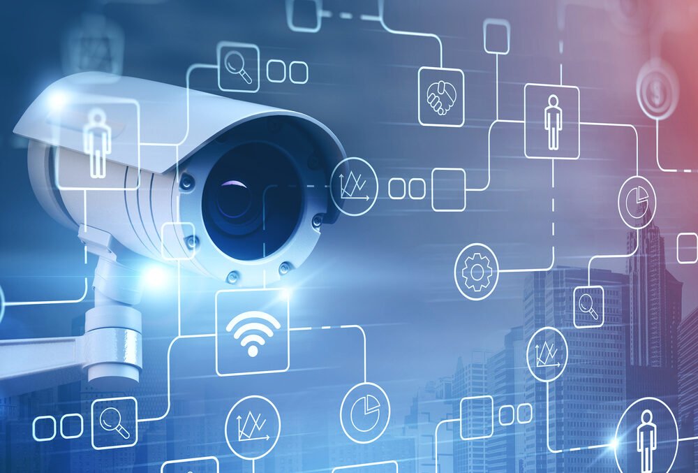 Street camera for surveillance and business icons over cityscape background. Concept of security and privacy protection. Smart city. 3d rendering toned image double exposure